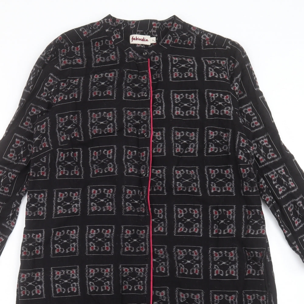Fabindia Womens Black Geometric Cotton Kaftan Size L Crew Neck Button