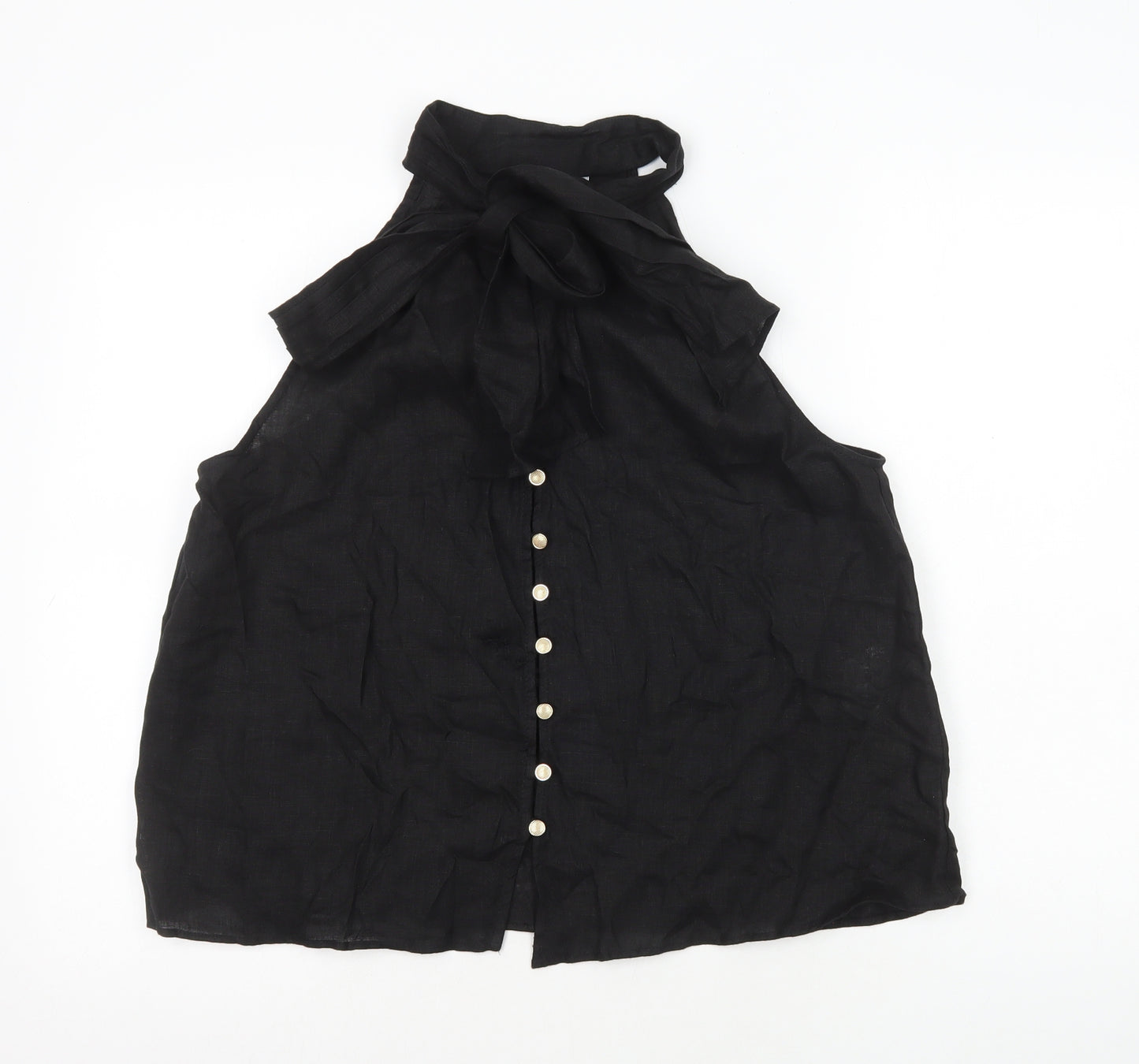 Zara Womens Black Viscose Basic Button-Up Size XS Round Neck - Neck Tie