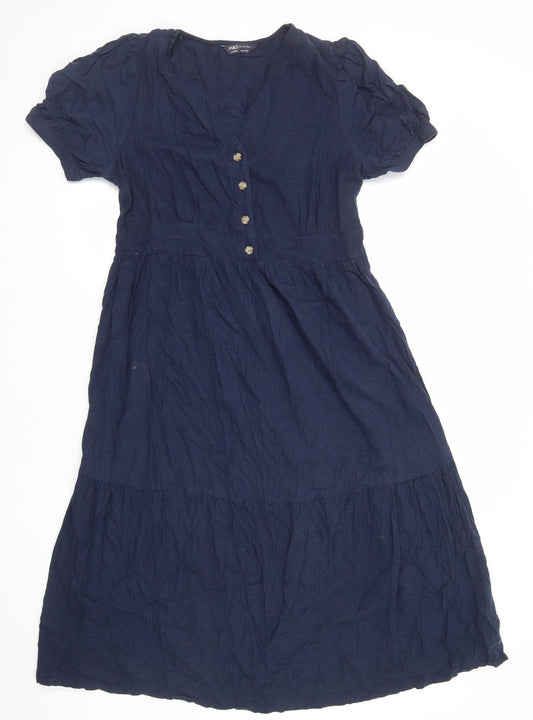 Marks and Spencer Womens Blue Viscose A-Line Size 14 V-Neck Zip