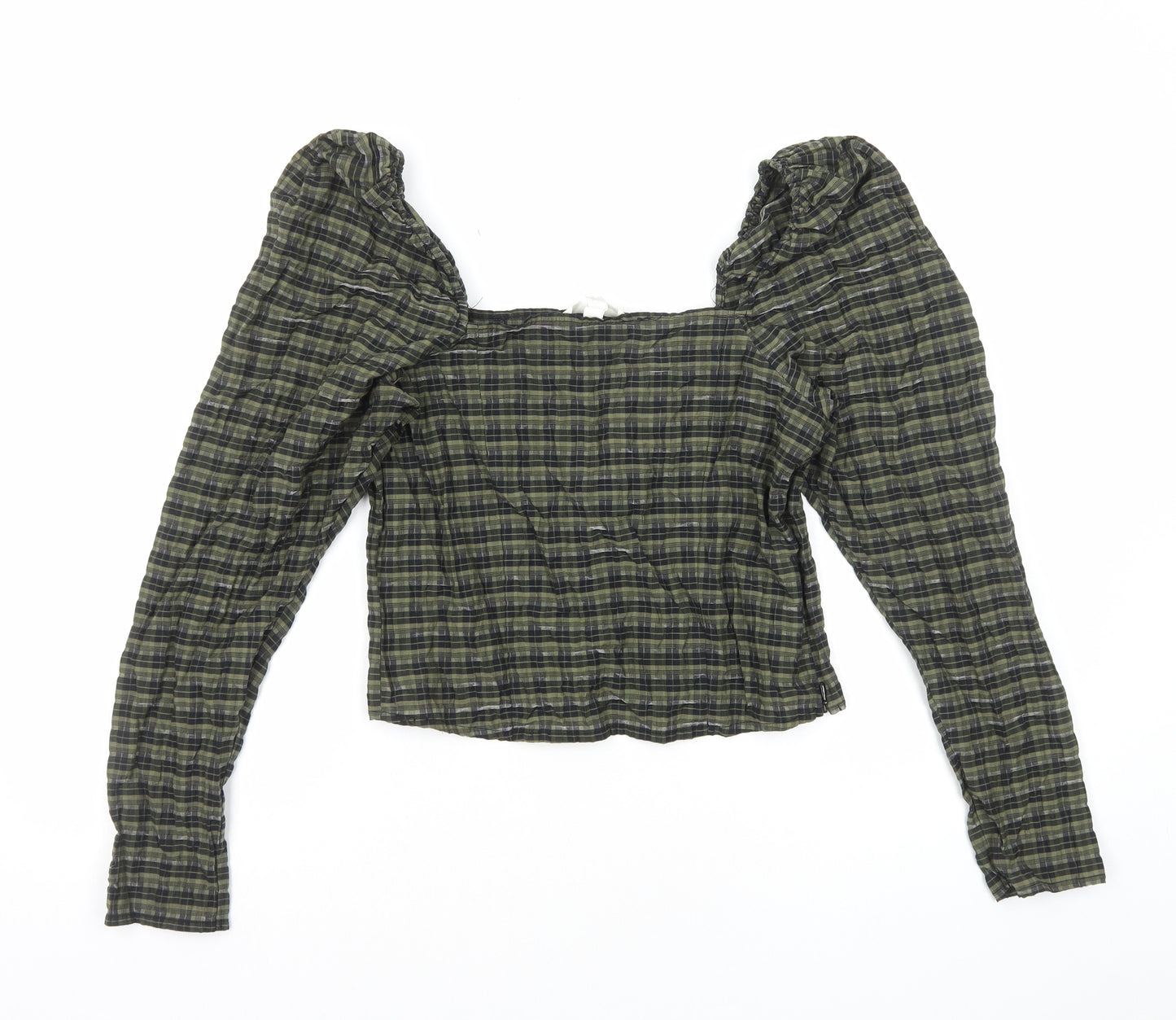 H&M Womens Green Plaid Cotton Cropped T-Shirt Size S Square Neck