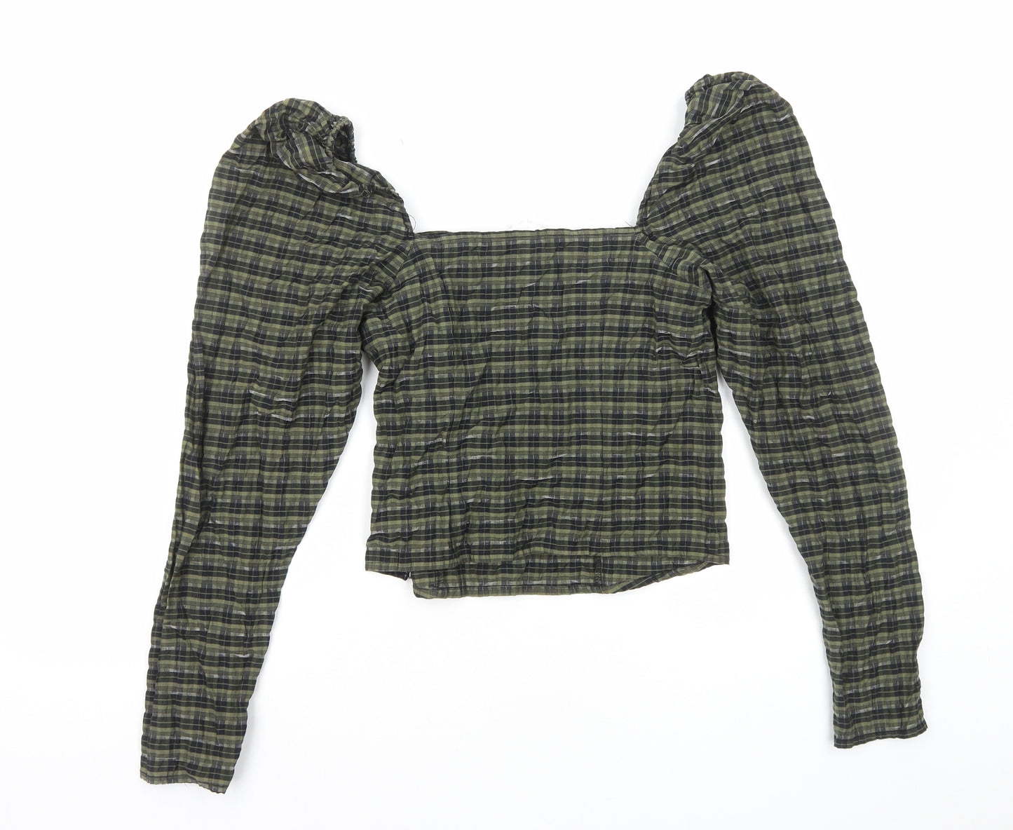 H&M Womens Green Plaid Cotton Cropped T-Shirt Size S Square Neck