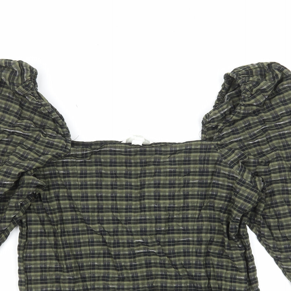 H&M Womens Green Plaid Cotton Cropped T-Shirt Size S Square Neck