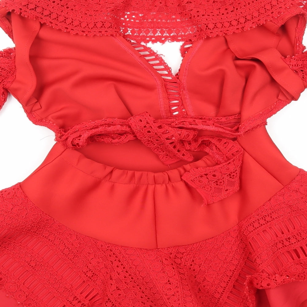 Tutti Tutti Womens Red Polyester Skater Dress Size S V-Neck - Cold Shoulder