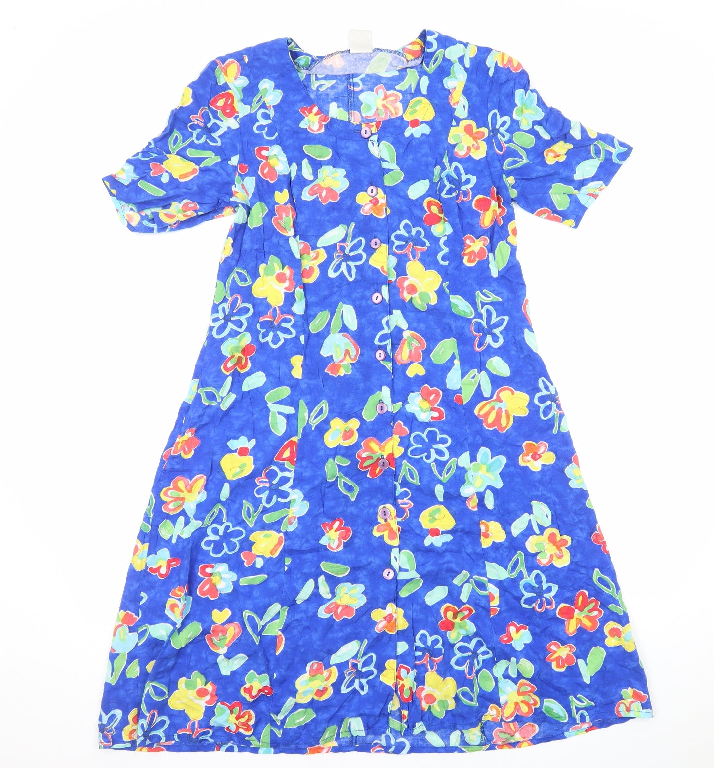 C&A Womens Blue Floral Viscose A-Line Size 14 Scoop Neck Button