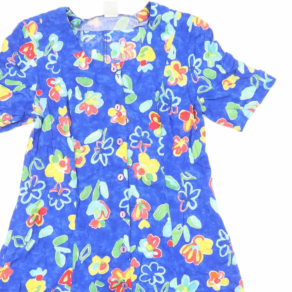 C&A Womens Blue Floral Viscose A-Line Size 14 Scoop Neck Button