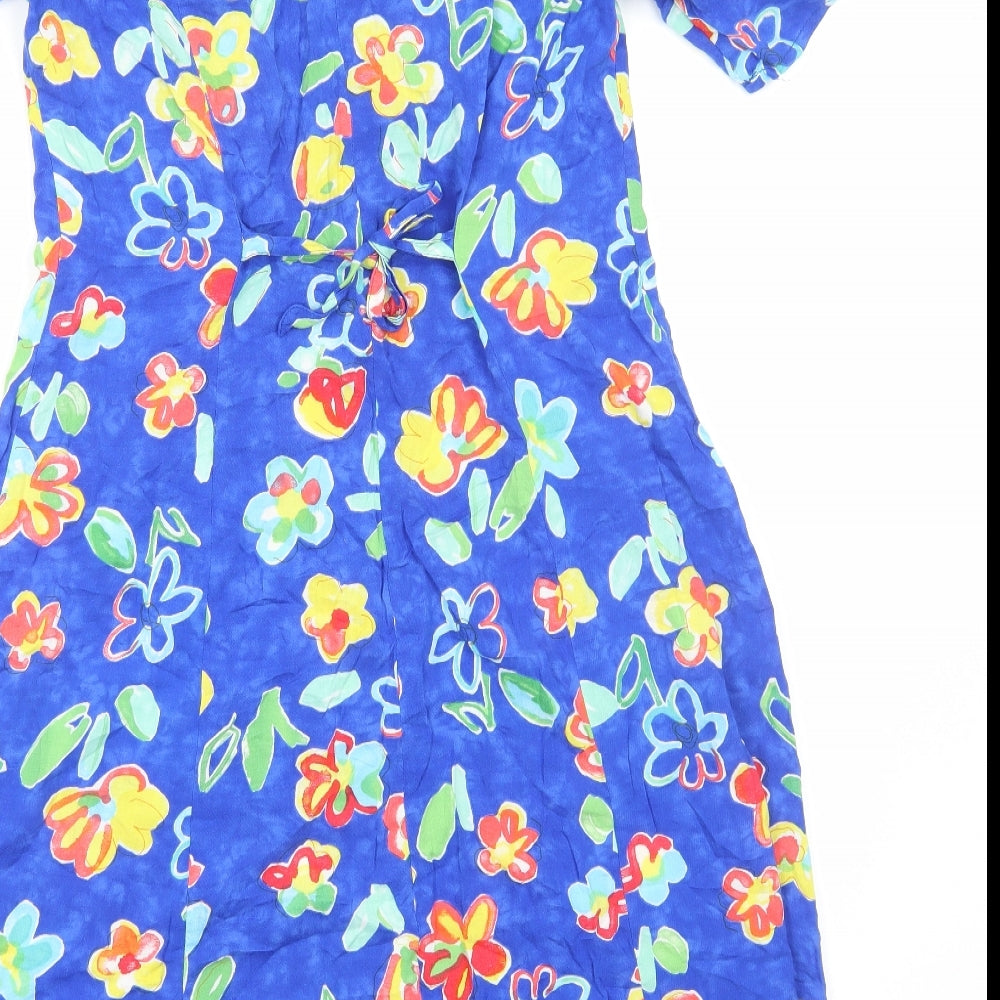 C&A Womens Blue Floral Viscose A-Line Size 14 Scoop Neck Button