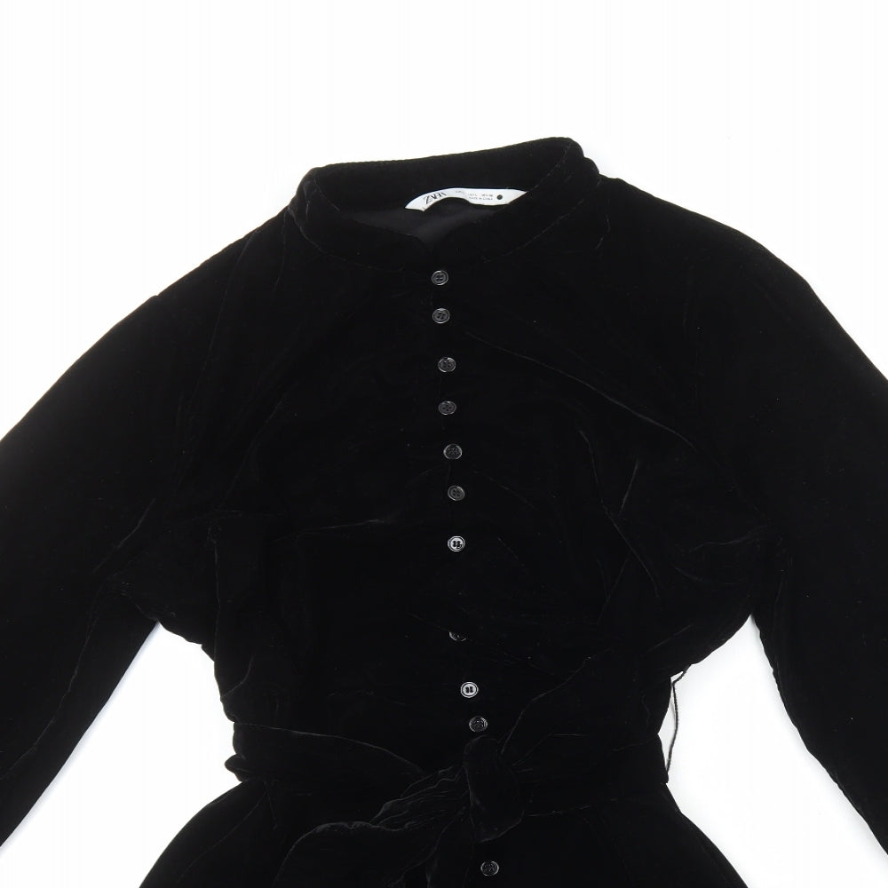 Zara Womens Black Polyester A-Line Size L Round Neck Button