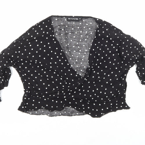 PRETTYLITTLETHING Womens Black Polka Dot Viscose Cropped Blouse Size 8 V-Neck - Ruched Sleeves