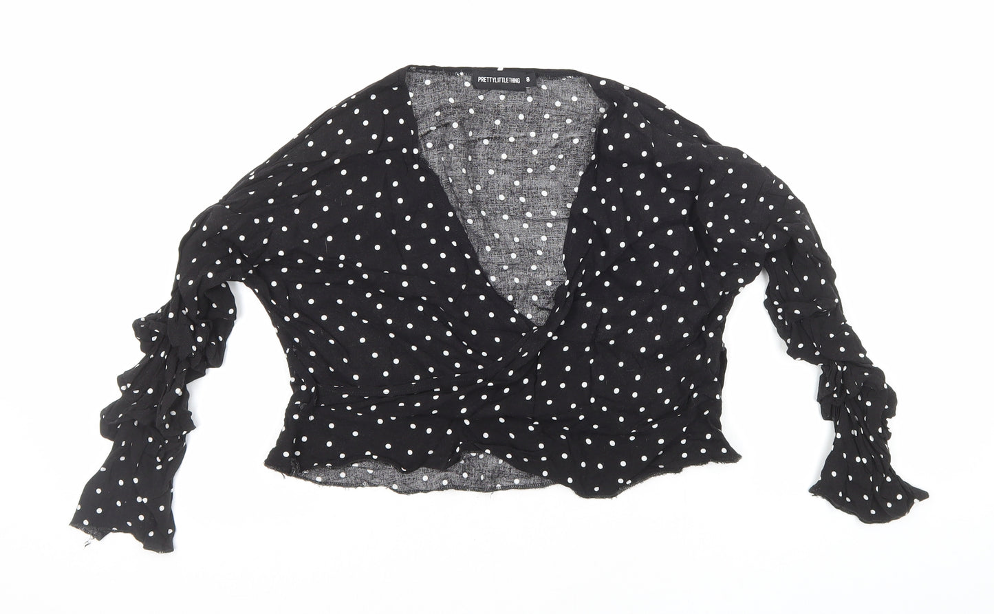 PRETTYLITTLETHING Womens Black Polka Dot Viscose Cropped Blouse Size 8 V-Neck - Ruched Sleeves