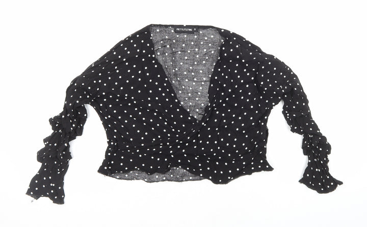 PRETTYLITTLETHING Womens Black Polka Dot Viscose Cropped Blouse Size 8 V-Neck - Ruched Sleeves