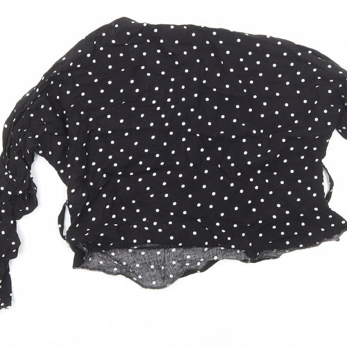 PRETTYLITTLETHING Womens Black Polka Dot Viscose Cropped Blouse Size 8 V-Neck - Ruched Sleeves