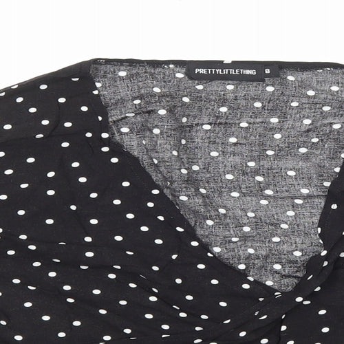 PRETTYLITTLETHING Womens Black Polka Dot Viscose Cropped Blouse Size 8 V-Neck - Ruched Sleeves