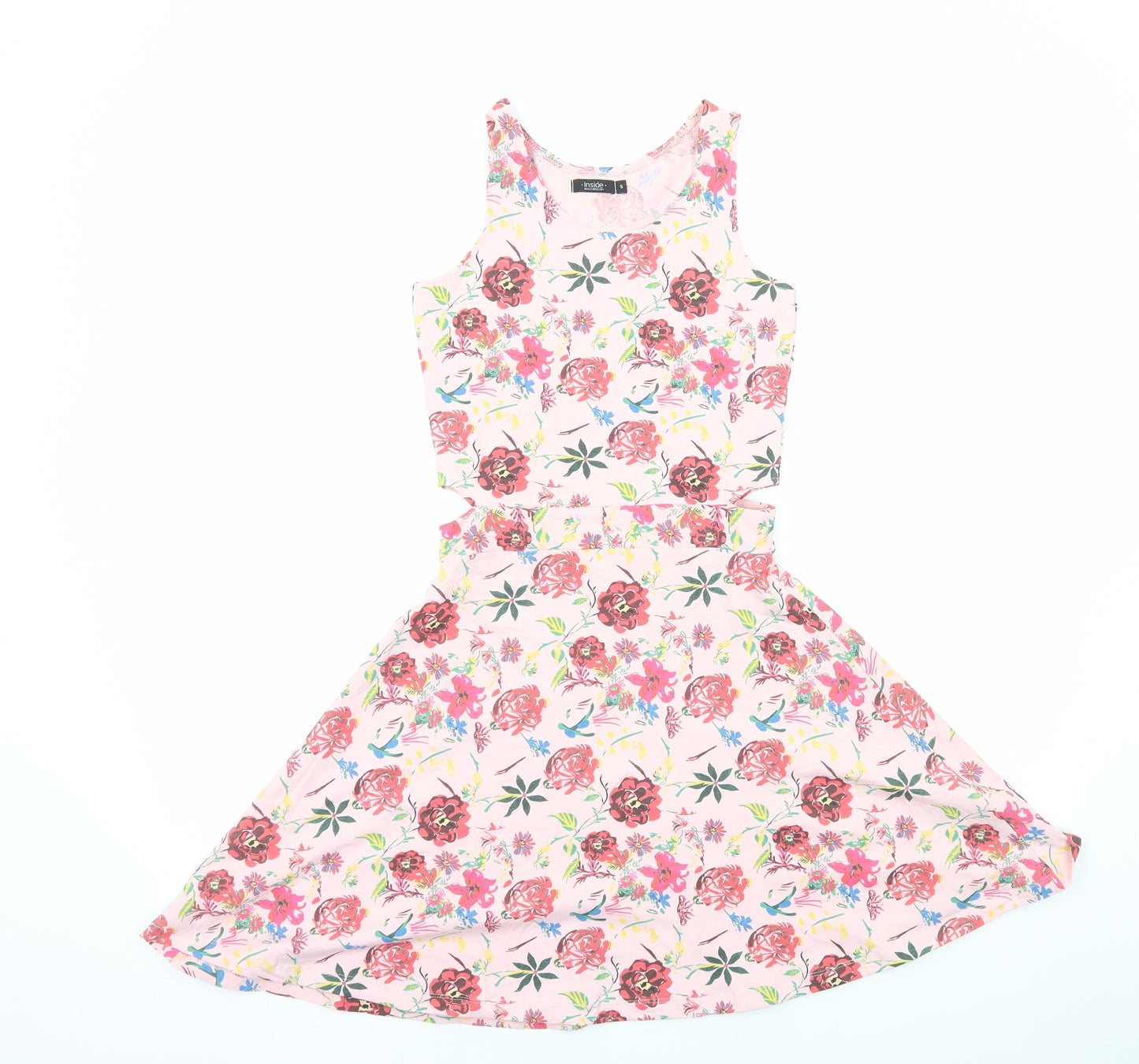 INSIDE Womens Pink Floral Viscose Skater Dress Size S Round Neck Pullover
