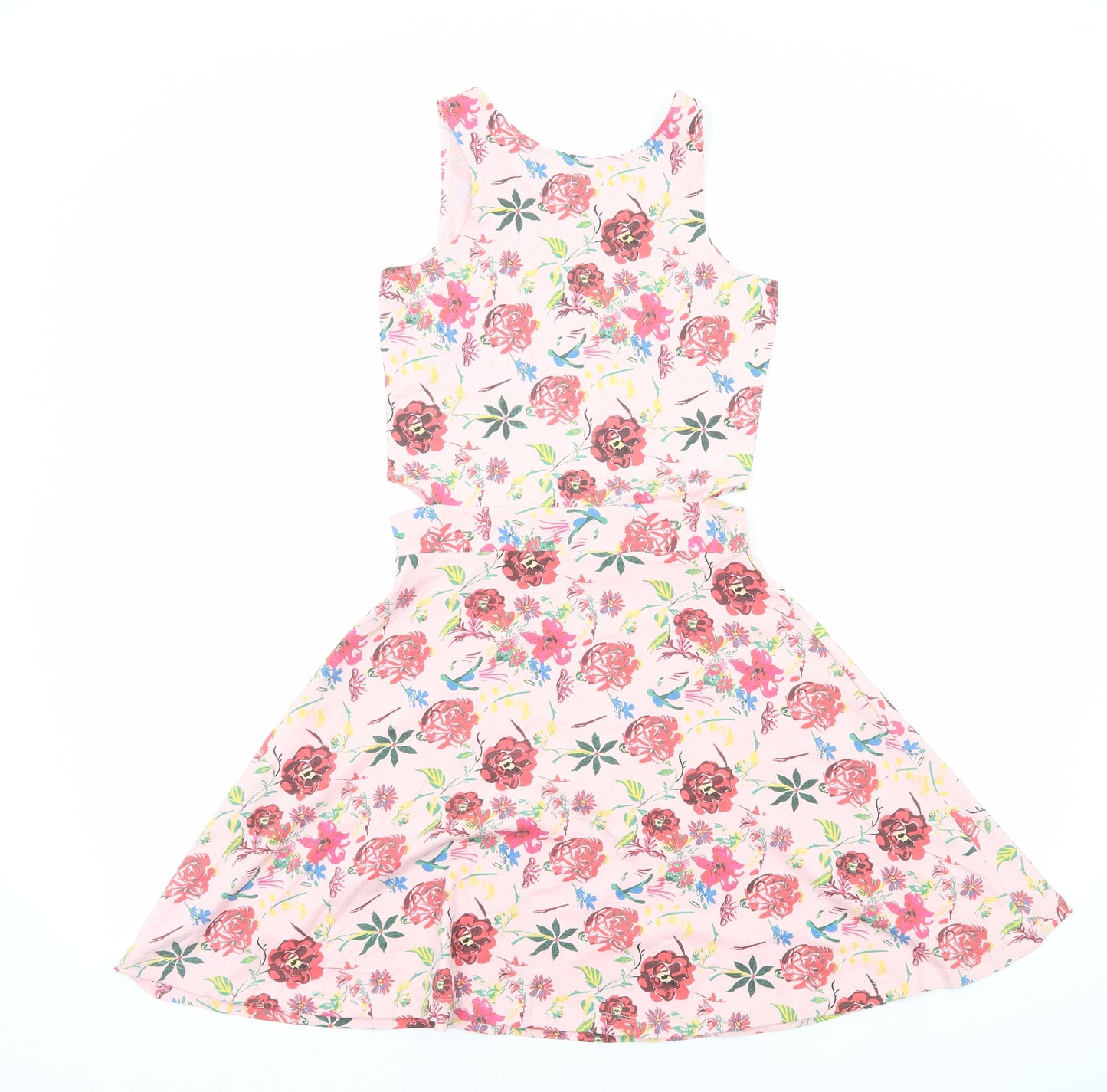 INSIDE Womens Pink Floral Viscose Skater Dress Size S Round Neck Pullover