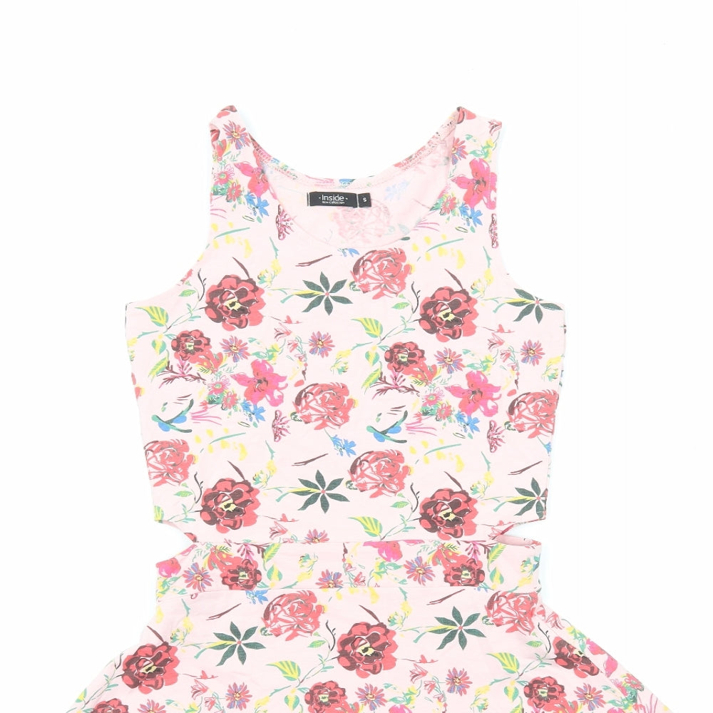 INSIDE Womens Pink Floral Viscose Skater Dress Size S Round Neck Pullover