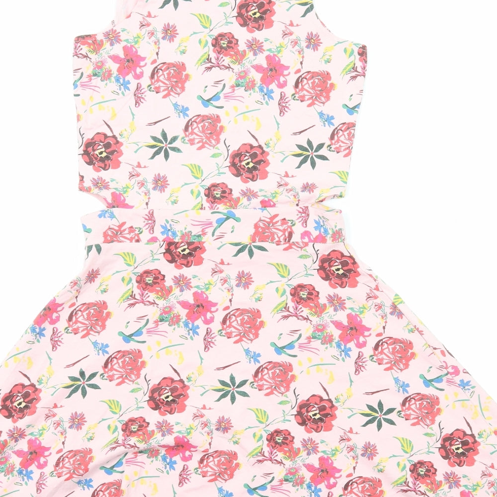 INSIDE Womens Pink Floral Viscose Skater Dress Size S Round Neck Pullover