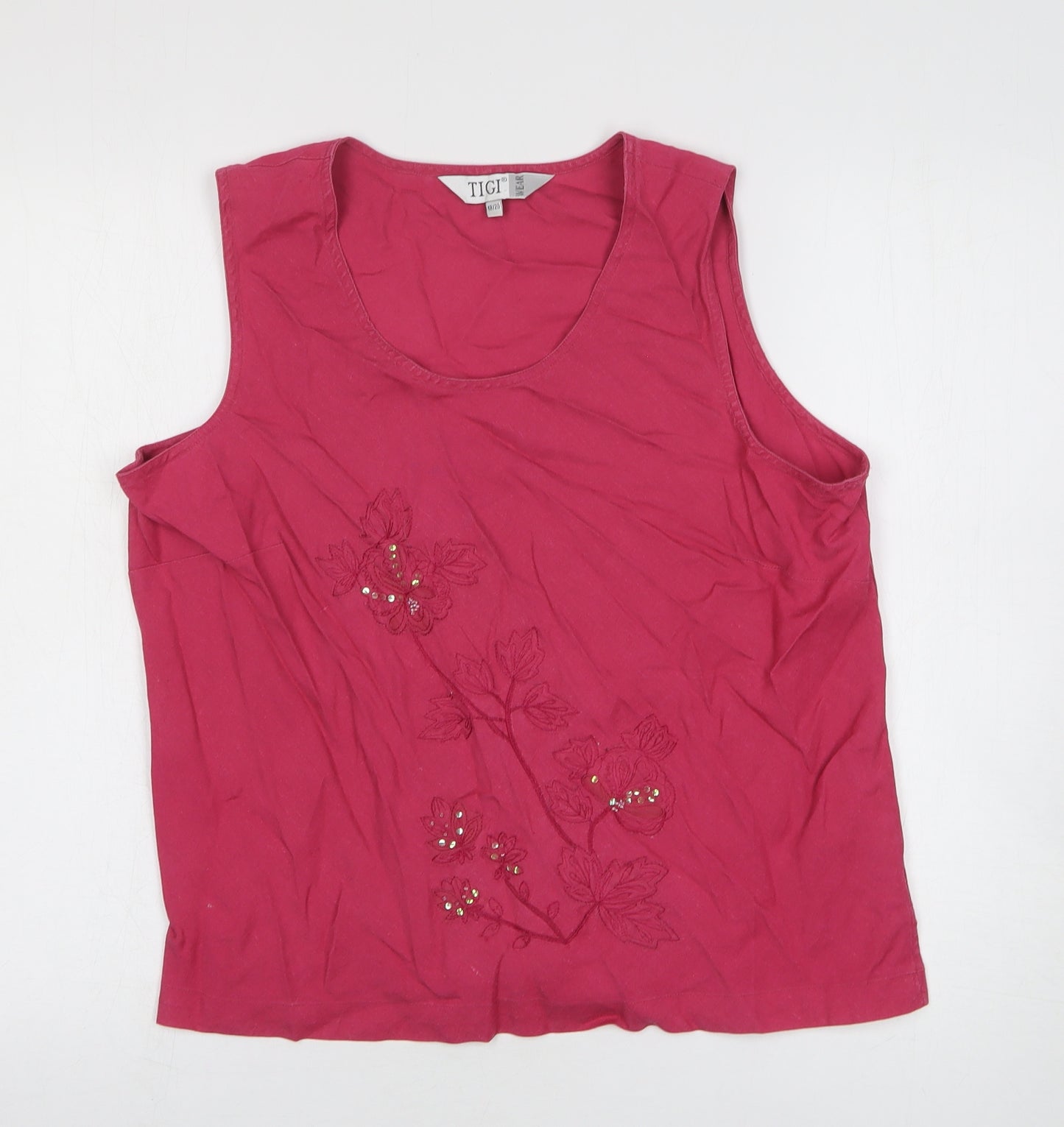TIGI Womens Pink Floral Linen Basic Tank Size 18 Scoop Neck