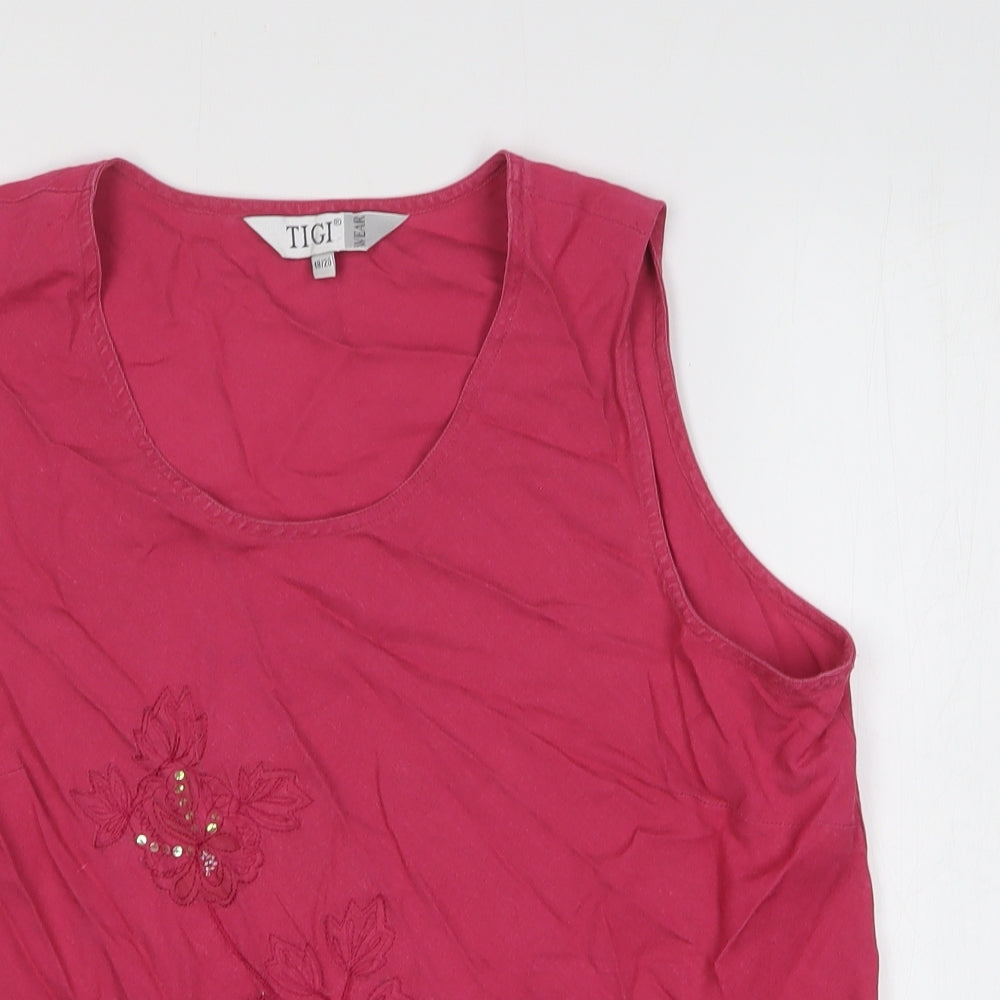 TIGI Womens Pink Floral Linen Basic Tank Size 18 Scoop Neck