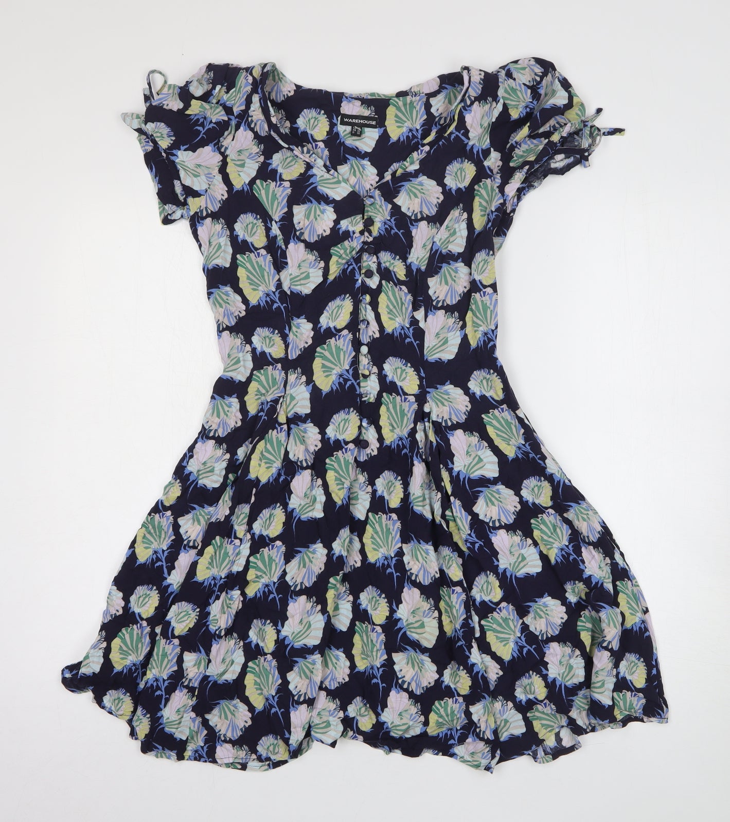 Warehouse Womens Blue Floral Viscose Fit & Flare Size 10 Round Neck Pullover