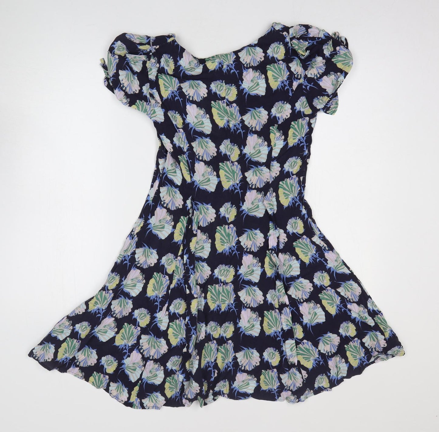 Warehouse Womens Blue Floral Viscose Fit & Flare Size 10 Round Neck Pullover