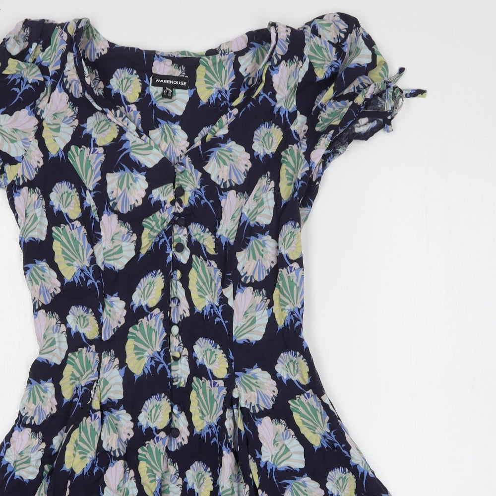 Warehouse Womens Blue Floral Viscose Fit & Flare Size 10 Round Neck Pullover