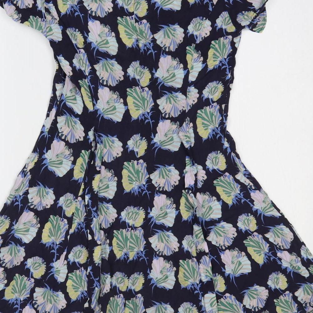 Warehouse Womens Blue Floral Viscose Fit & Flare Size 10 Round Neck Pullover