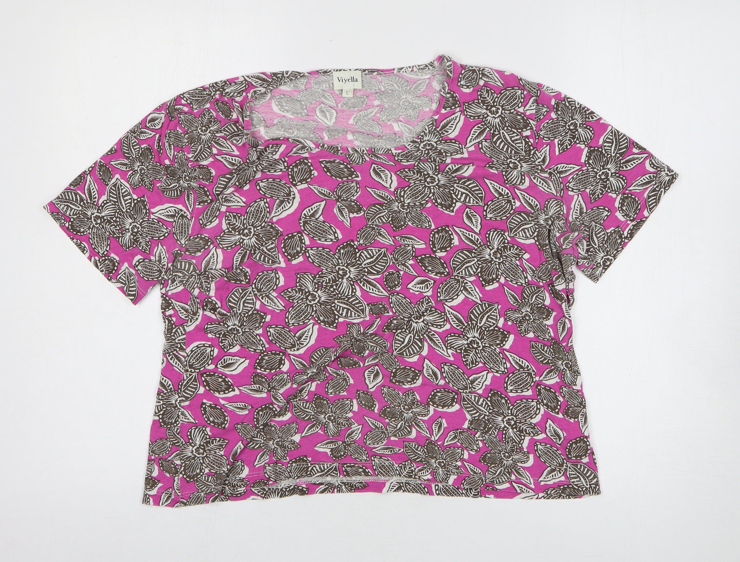 Viyella Womens Pink Floral Viscose Basic T-Shirt Size L Round Neck