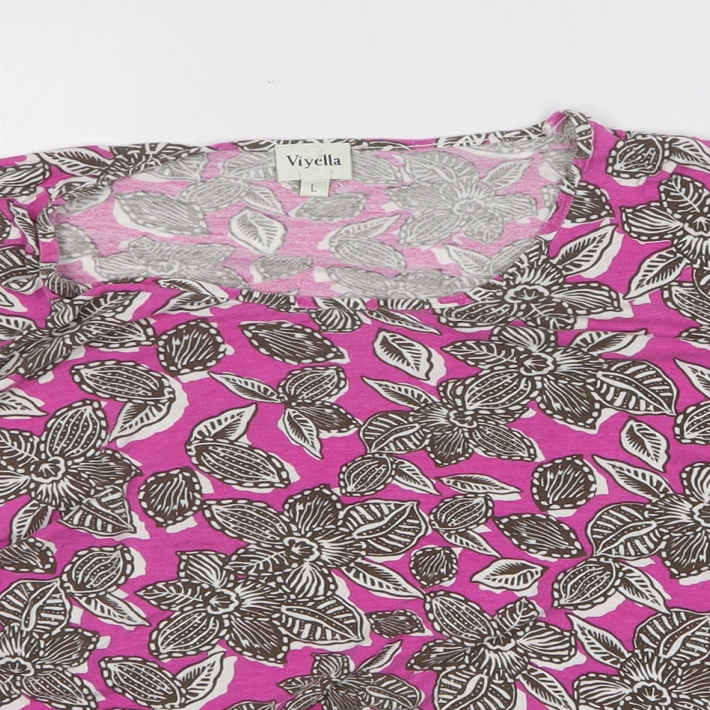 Viyella Womens Pink Floral Viscose Basic T-Shirt Size L Round Neck