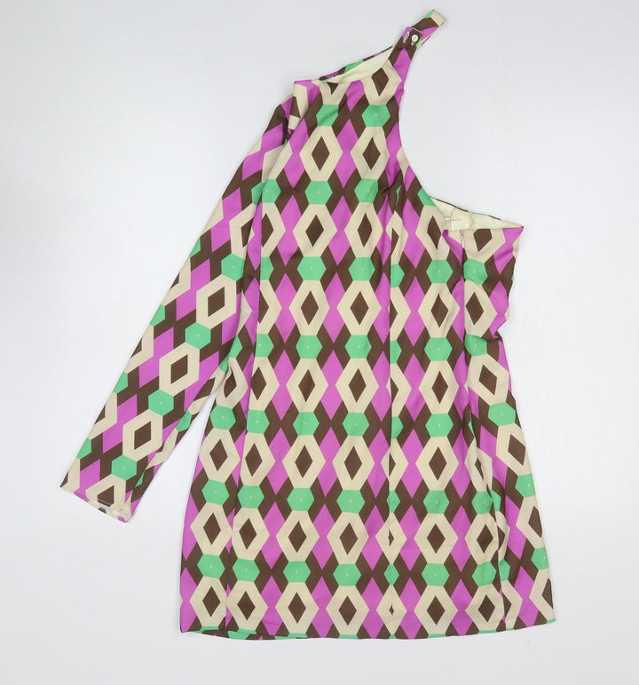 Zara Womens Multicoloured Geometric Polyester Mini Size M One Shoulder Pullover