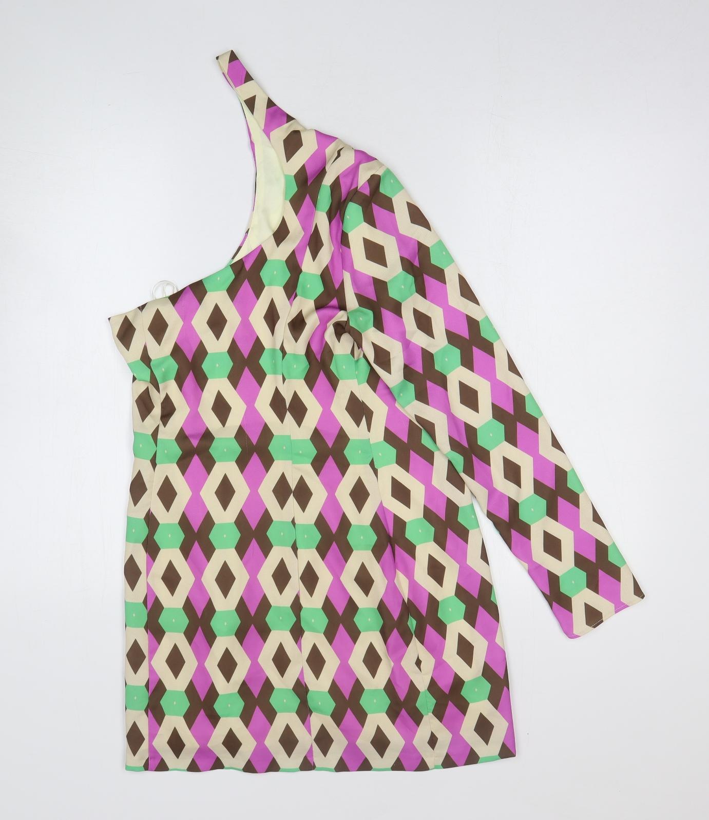 Zara Womens Multicoloured Geometric Polyester Mini Size M One Shoulder Pullover