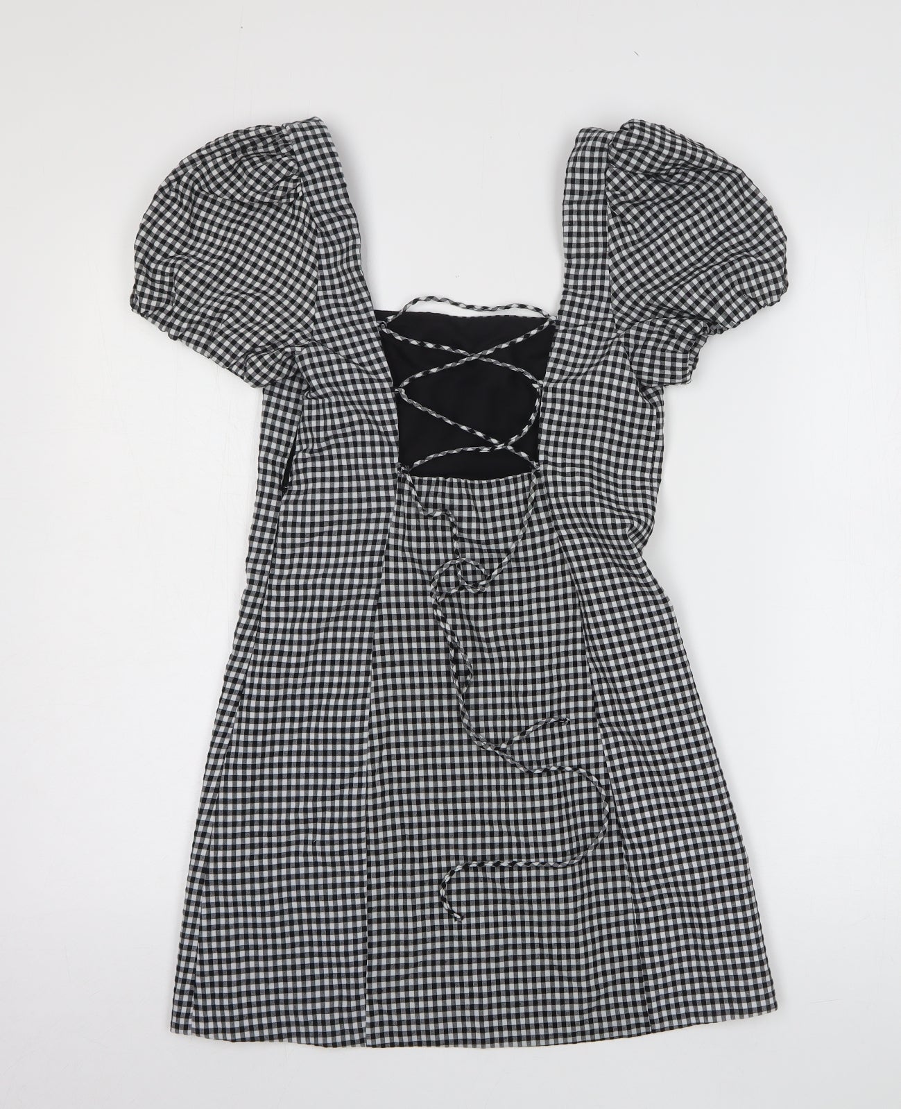 Zara Womens Black Check Cotton Fit & Flare Size XS Square Neck Pullover