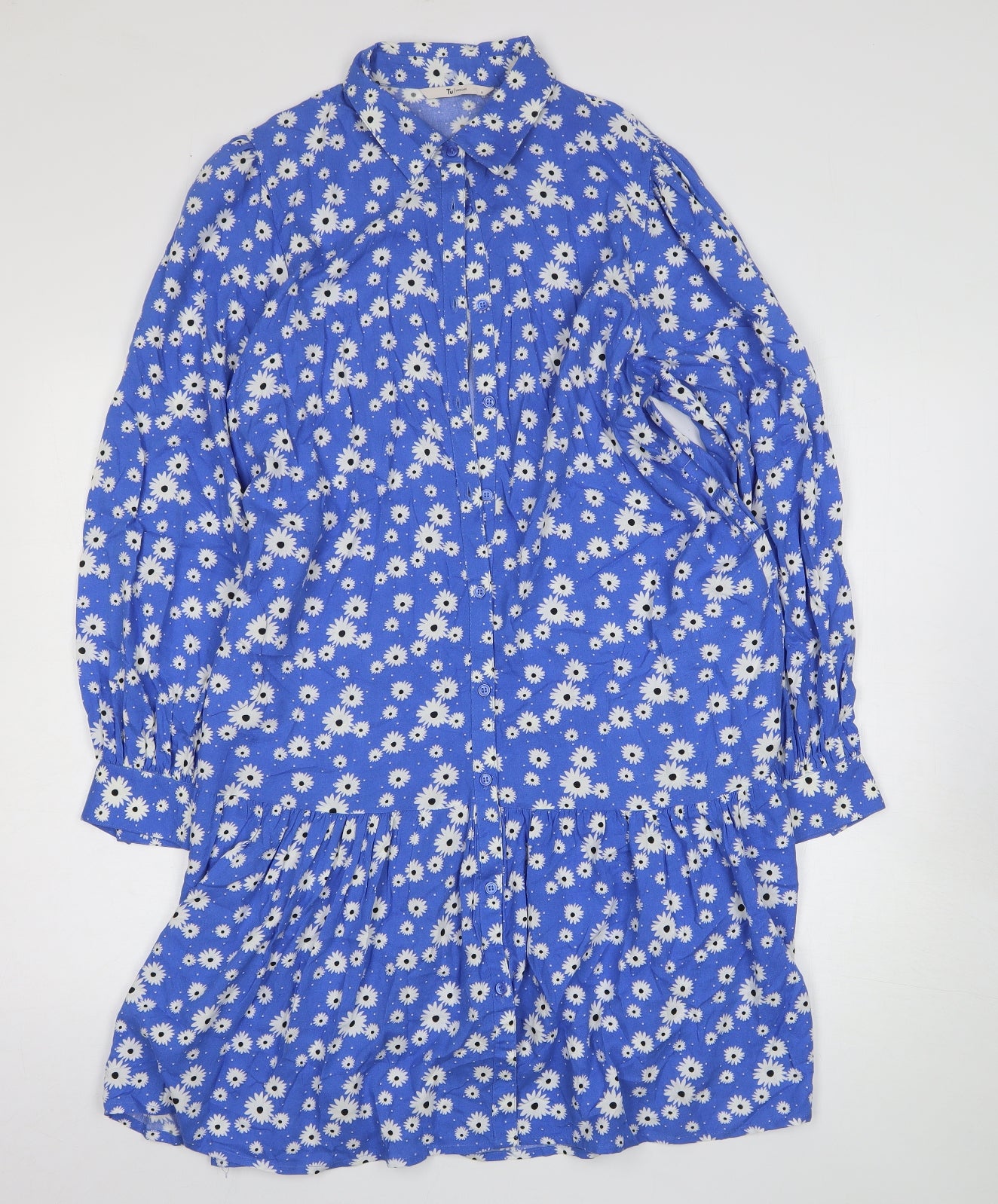 TU Womens Blue Floral Polyester Shirt Dress Size 8 Collared Button