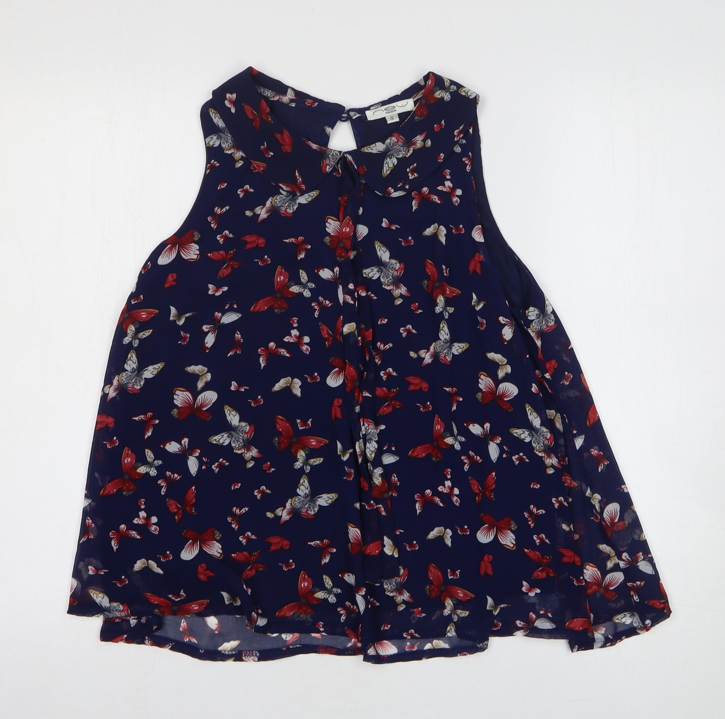 New Look Womens Blue Geometric Polyester Basic Blouse Size S Collared - Butterfly Pattern