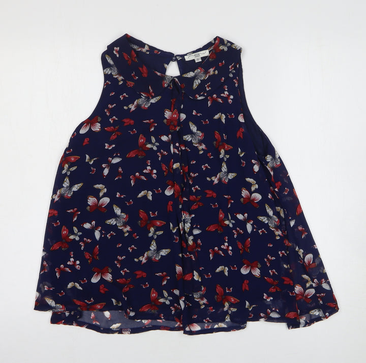 New Look Womens Blue Geometric Polyester Basic Blouse Size S Collared - Butterfly Pattern