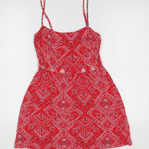 H&M Womens Red Geometric Viscose Fit & Flare Size 8 Off the Shoulder Zip