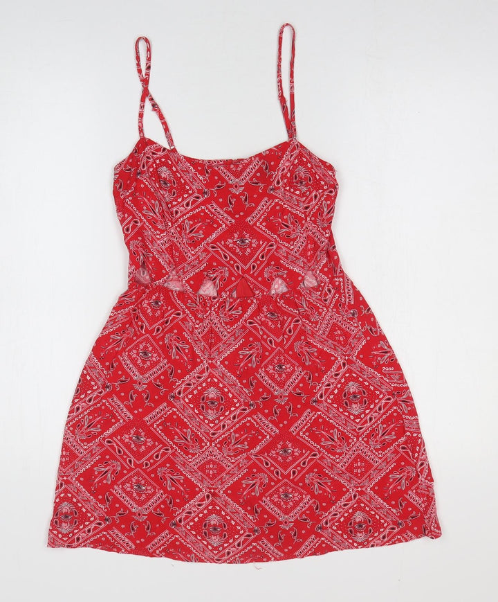 H&M Womens Red Geometric Viscose Fit & Flare Size 8 Off the Shoulder Zip