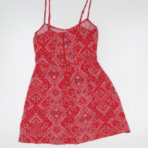 H&M Womens Red Geometric Viscose Fit & Flare Size 8 Off the Shoulder Zip