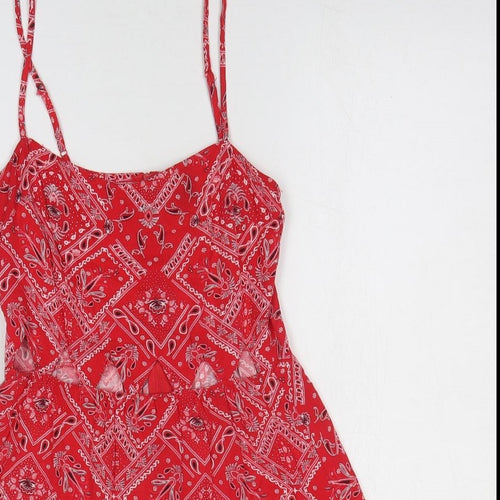 H&M Womens Red Geometric Viscose Fit & Flare Size 8 Off the Shoulder Zip