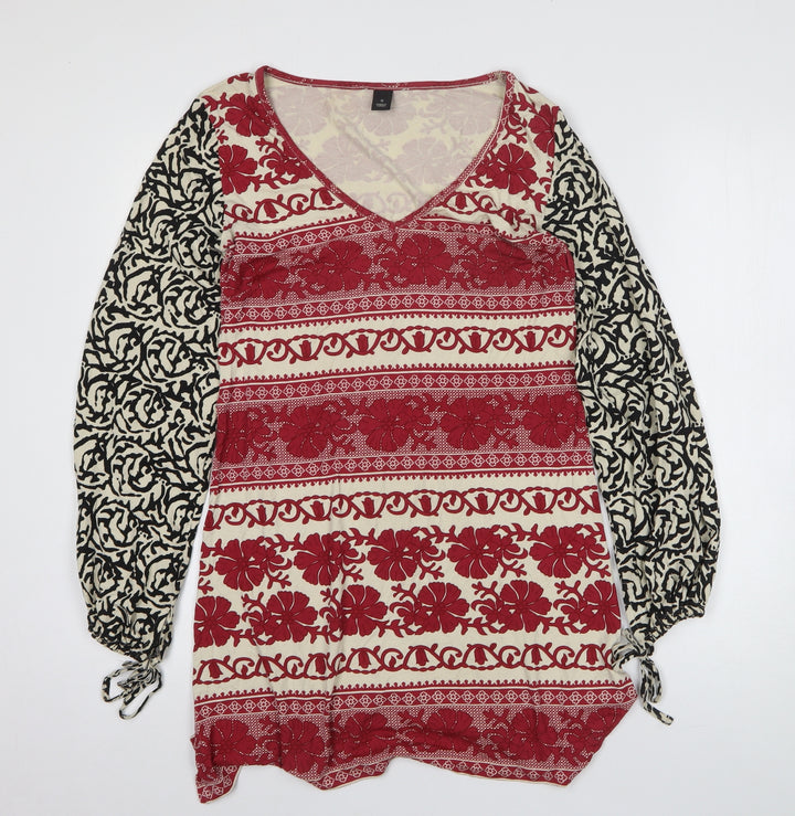 H&M Womens Red Geometric Viscose A-Line Size S V-Neck Pullover