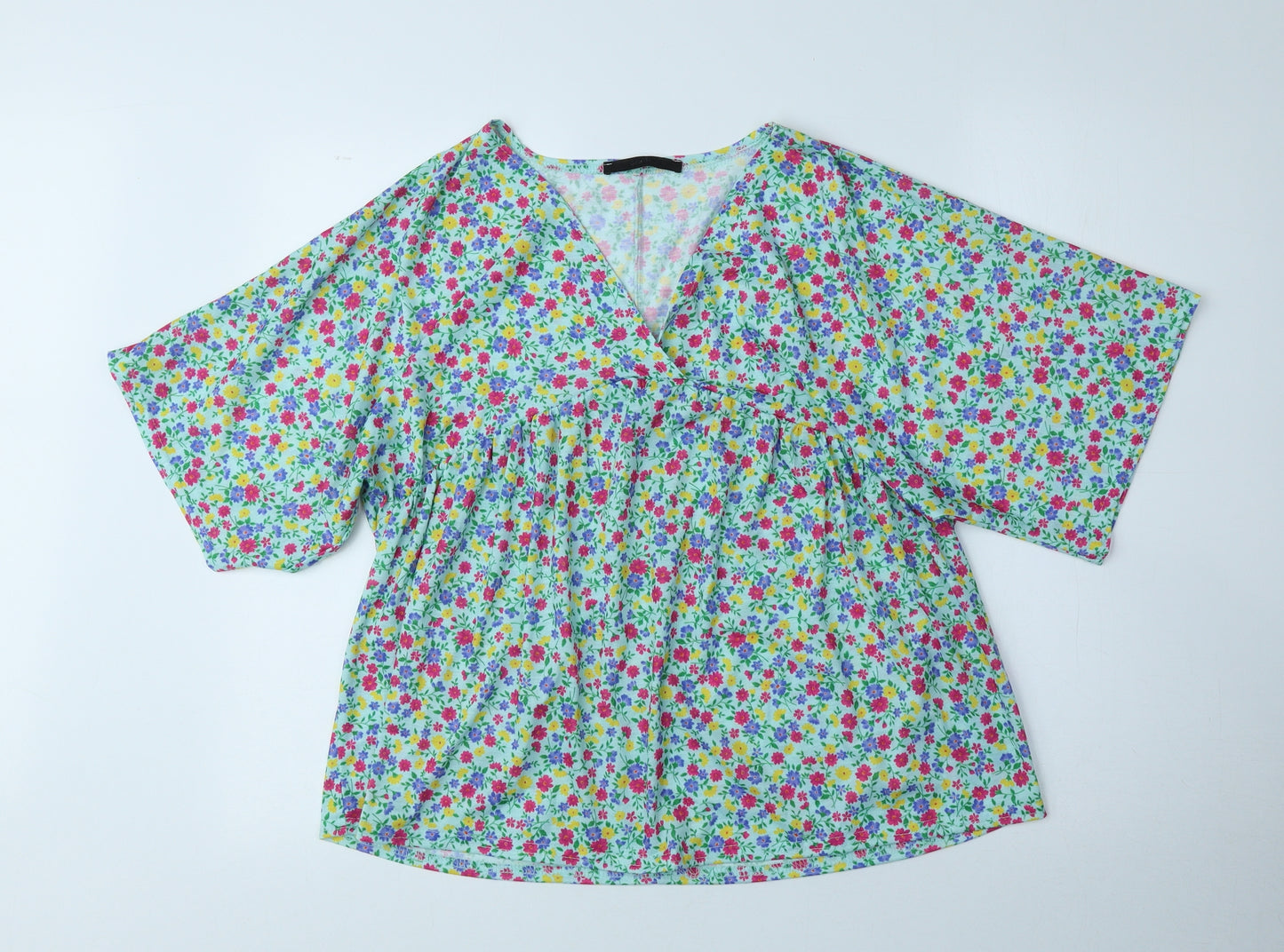 George Womens Green Floral Polyester Basic T-Shirt Size 12 V-Neck