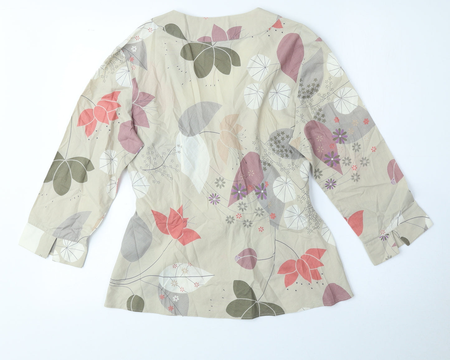 Principles Womens Beige Floral Cotton Basic Blouse Size 12 V-Neck - Flared Bottom