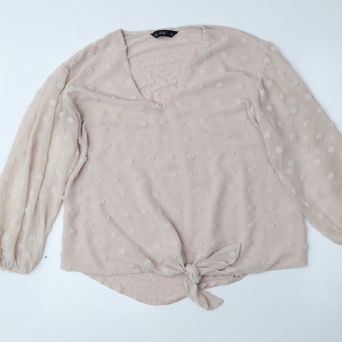 F&F Womens Pink Polka Dot Polyester Basic Blouse Size 10 V-Neck - See Through Sleeves