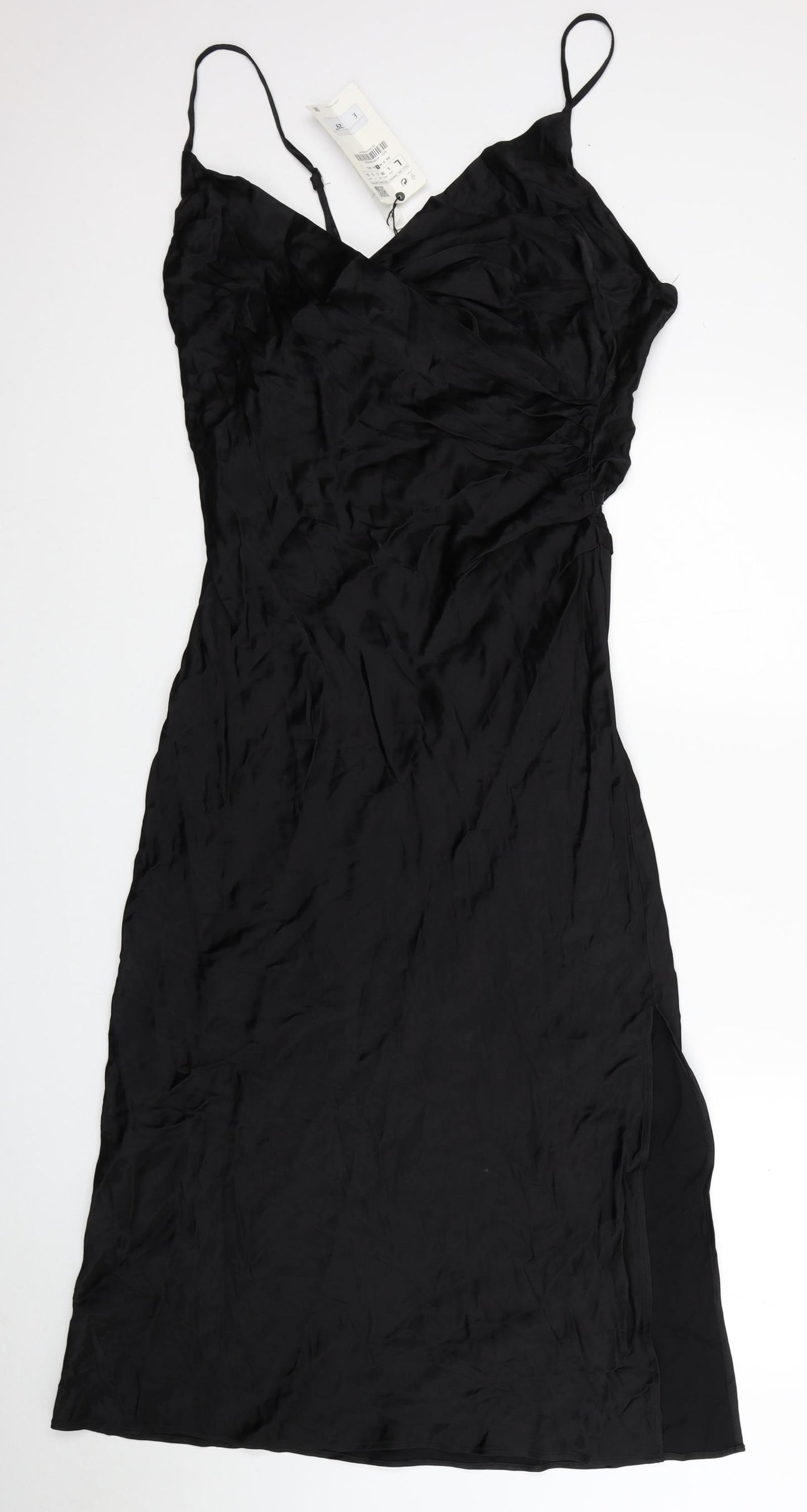 Zara Womens Black Viscose Slip Dress Size L V-Neck Zip