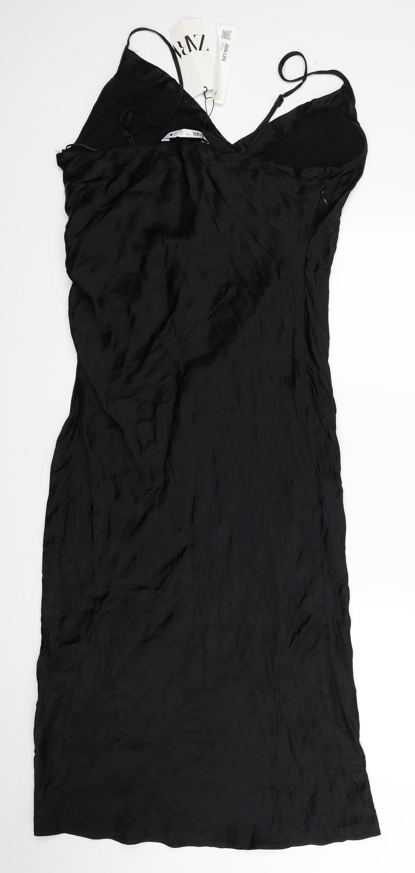 Zara Womens Black Viscose Slip Dress Size L V-Neck Zip
