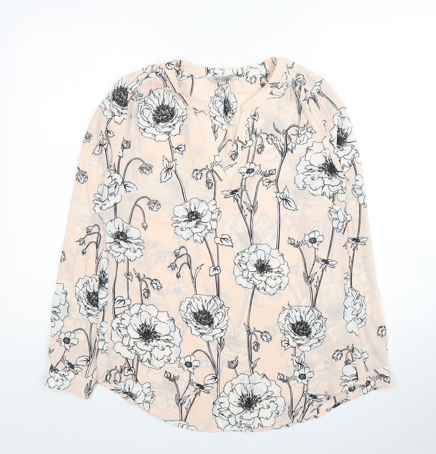 Marks and Spencer Womens Beige Floral Polyester Basic Blouse Size 8 V-Neck