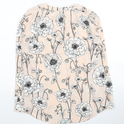 Marks and Spencer Womens Beige Floral Polyester Basic Blouse Size 8 V-Neck