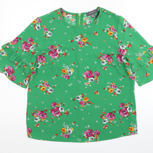 Primark Womens Green Floral Polyester Basic Blouse Size 10 Round Neck