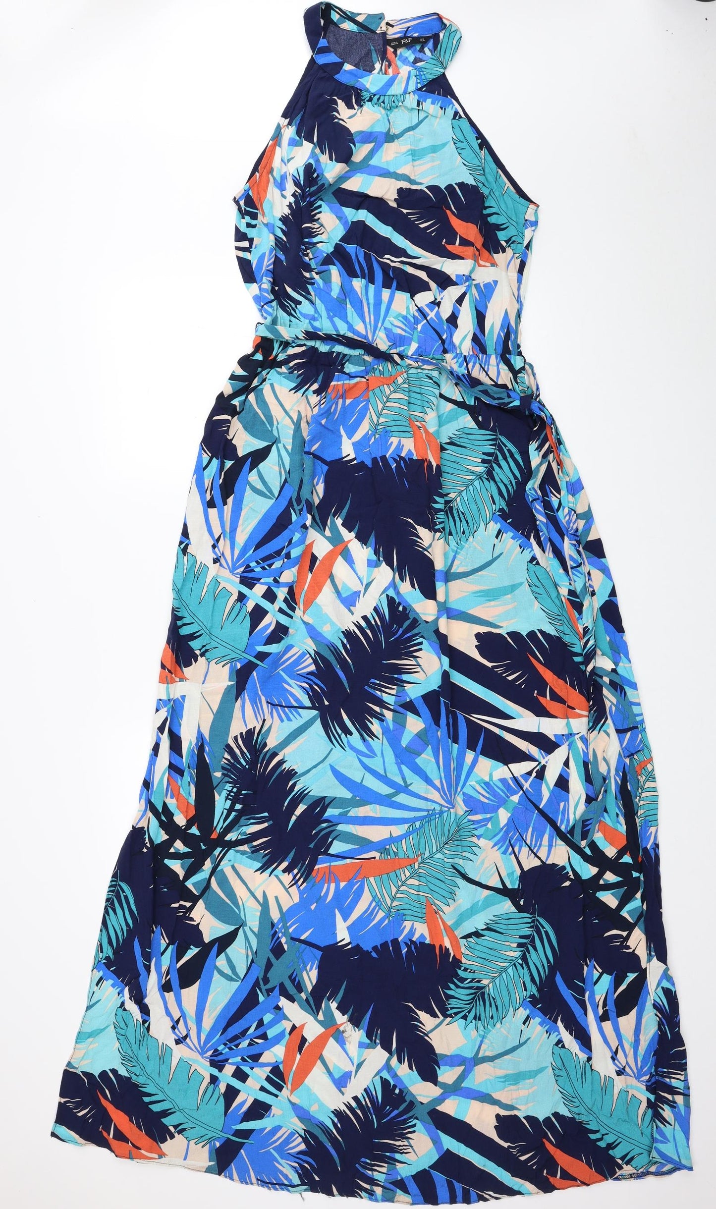 F&F Womens Blue Floral Viscose Maxi Size 12 Halter Button