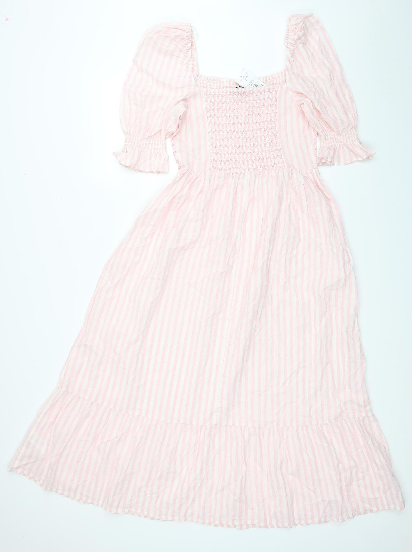 F&F Womens Pink Striped Cotton Fit & Flare Size 12 Square Neck Pullover