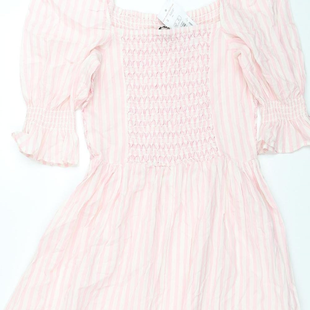 F&F Womens Pink Striped Cotton Fit & Flare Size 12 Square Neck Pullover